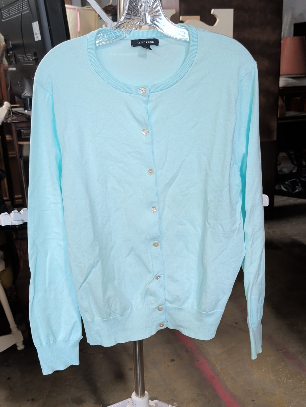 Lands' End Women's Seafoam Button-Front Crewneck Cardigan